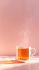 Hot tea with rising steam in bright warm light on peach background