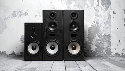 Three black speakers against a distressed wall