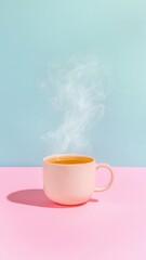 Pastel hot tea with steam on pink and blue background in minimal aesthetic