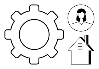 Gear symbolizing process, female professional in profile, and house for remote work or systems. Ideal for productivity, workflow, teamwork, home office, automation teamwork efficiency. Simple flat