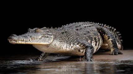 Fototapeta premium Close-Up of a Crocodile Crawling on Wet Surface with Texture Detail