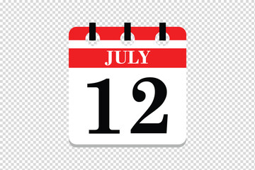 12 July Calendar icon vector, 12 dates of July month calendar icon, dates of July 12 icon calendar, vector calendar icon.