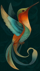 Fototapeta premium Vibrant illustration of flowy hummingbird with curves and soft edges, featuring colorful feathers shades of orange, teal, and green against dark background. bird dynamic pose and intricate details