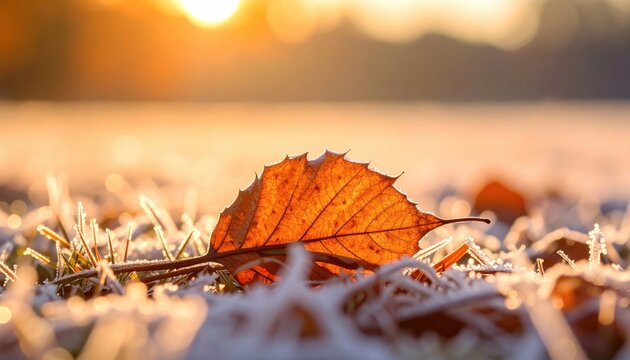 Autumn leaf on frosty ground, warm sun bokeh background