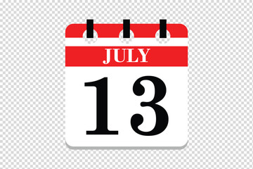 13 July Calendar icon vector, 13 dates of July month calendar icon, dates of July 13 icon calendar, vector calendar icon.