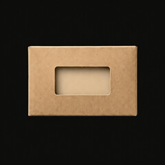 Minimalist soap packaging with transparent window on black background  