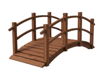 Small wooden arched garden bridge with railing isolated on transparent background