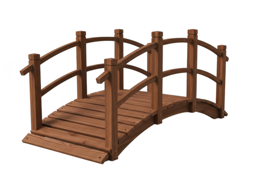 Small wooden arched garden bridge with railing isolated on transparent background