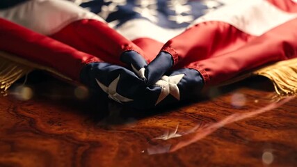 Folded American flag on polished wooden table - Powered by Adobe