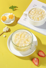 White Corn Kernel Porridge Soup with Boiled Egg and Strawberries - Healthy Breakfast Food