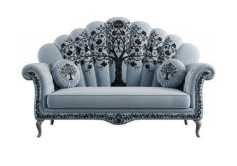 Elegant velvet sofa with carved wooden frame and tree design isolated on transparent background