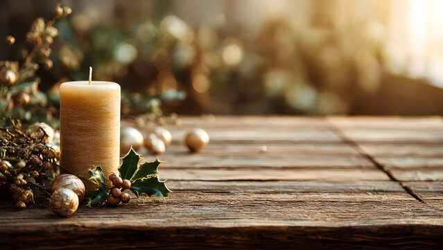 Rustic Christmas Candle and Holly Table Mockup - Powered by Adobe