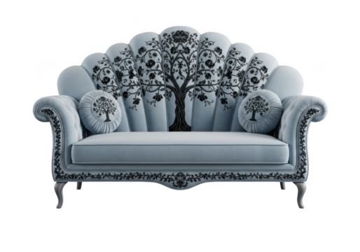 Elegant velvet sofa with carved wooden frame and tree design isolated on transparent background - Powered by Adobe