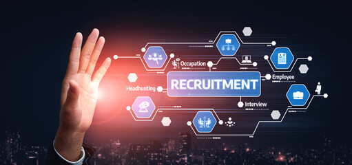 A modern digital illustration showcasing the recruitment process. It features technology icons related to interviewing, headhunting, and employee occupations in a city backdrop. Tessel