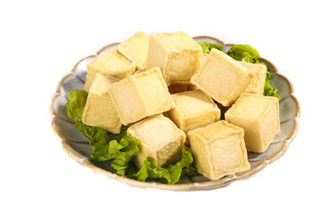 Fresh Tofu Cubes with Lettuce Garnish on Ceramic Plate - Healthy Asian Vegetarian Protein Ingredient