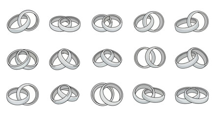Collection of intertwined wedding rings in various orientations.