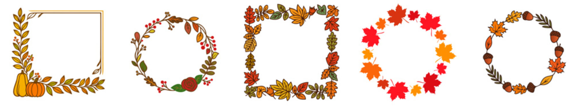 Fall wreath and border frames &mdash; autumn leaf frames with pumpkins, acorns and botanical fall foliage for Thanksgiving