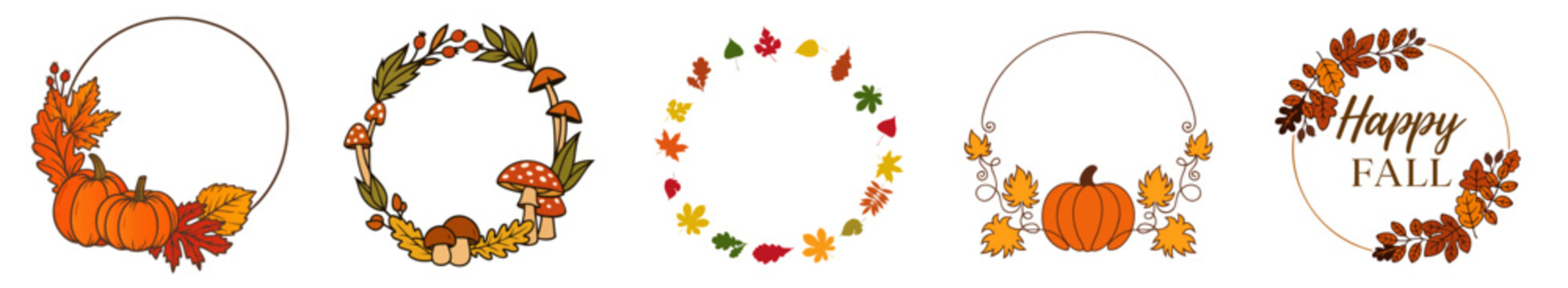 Autumn fall wreath frames with pumpkins and leaves. harvest circle borders for Thanksgiving