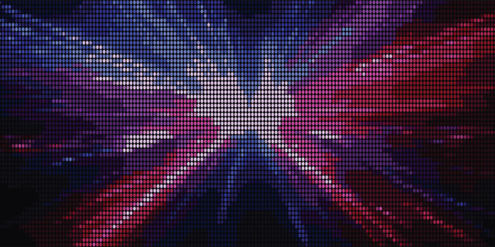 Dynamic abstract background featuring red, white, and blue streaks radiating in a Union Jack pattern, rendered in a halftone dot grid. Visualizes digital data explosion, UK patriotism.