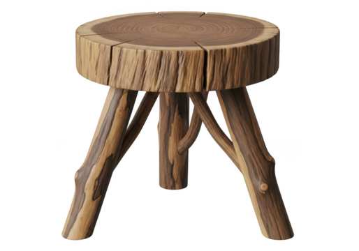 Gramastic wooden log stool made of three natural branch legs isolated on a transparent background