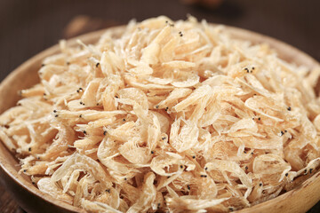 Dried Sea Shrimp with Salt in Wooden Bowl - Traditional Beihai Seafood Ingredient for Rice Dishes