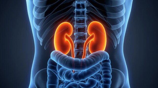 3D medical render of human kidneys highlighted in futuristic body scan