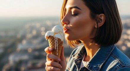 The picture shows a beautiful natural landscape with green hills and a clear blue sky. In the middle of the field, a group of deer is grazing peacefully. Tall trees surround the area, and a small rive