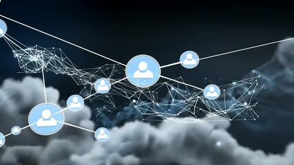 Abstract representation of digital networking with user icons connected by lines among dark clouds - Powered by Adobe