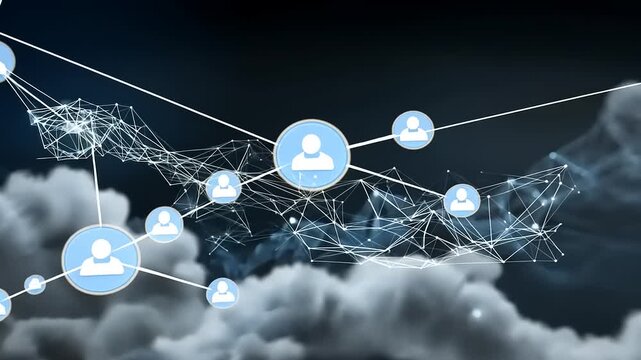 Abstract representation of digital networking with user icons connected by lines among dark clouds - Powered by Adobe