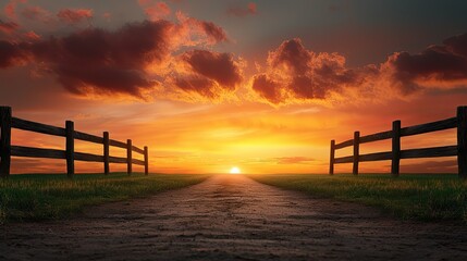 Stunning sunset over peaceful country road, a tranquil escape with vibrant golden light and rustic fence