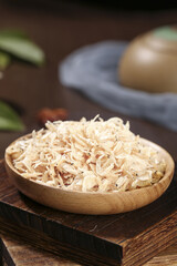 Dried Sea Shrimp in Wooden Bowl - Beihai Salt-Cured Seafood Delicacy on Rustic Kitchen Table
