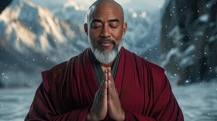 Find inner peace with this serene monk meditating in a snowy mountain landscape for clarity and focus