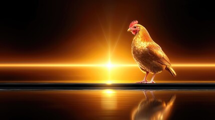 Golden chicken standing proudly against a vibrant sunset landscape, exuding confidence and warmth, artful design