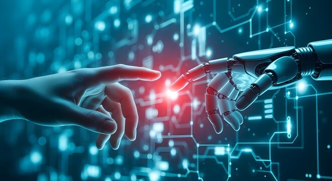 Human and robot hands touching in a futuristic digital world - Powered by Adobe