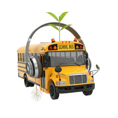 Surreal Yellow School Bus with Headphones and Growing Plant on Black Background, Concept of isolate on transparent background PNG