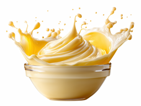 Creamy Yellow Liquid Splashing from a Glass Bowl on a Black Background, Food Photography, Dessert Concept isolate on transparent background PNG
