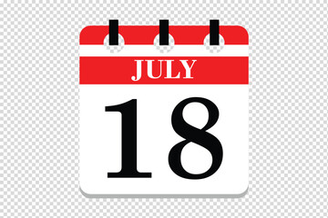 18 July Calendar icon vector, 18 dates of July month calendar icon, dates of July 18 icon calendar, vector calendar icon.
