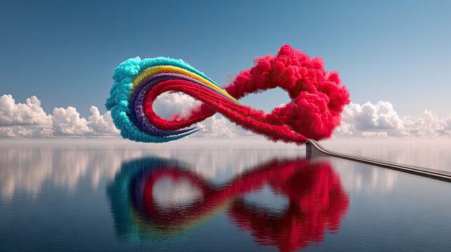 A vibrant, multi-colored cloud formation shaped like an infinity symbol, suspended over a calm body of water. The formation transitions from cool blues and gree
