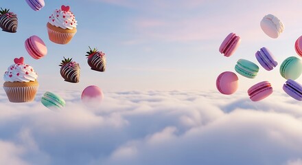 Below the clouds, visible hints of Valentine's desserts like cupcakes, chocolate-covered strawberries, pastel macarons, maintaining the dreamy floating theme