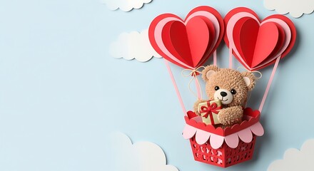 A small teddy bear sitting inside one of the heart balloon baskets, holding a chocolate gift, more character-focused but still in the same cute cut-paper style.