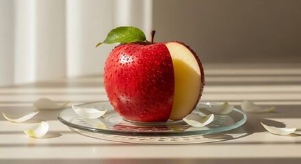 Fresh Red Apple Slice with Water Droplets and Petals in Sunlight