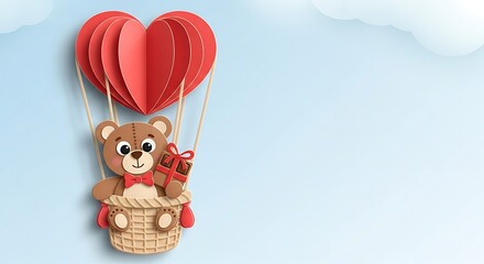 Fototapeta premium A small teddy bear sitting inside one of the heart balloon baskets, holding a chocolate gift, more character-focused but still in the same cute cut-paper style.