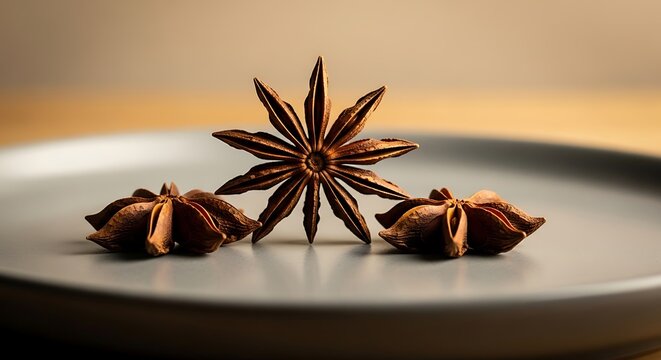 Aromatic Star Anise Trio on Ceramic Plate, Culinary Spice Still Life