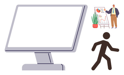 Computer monitor, presenter with charts, plant, and running stick figure. Ideal for technology, business, productivity, education digital marketing teamwork leadership. Simple flat metaphor