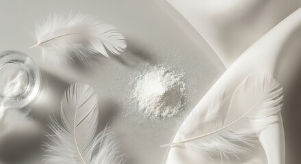 White Powder, Feathers and Fabric on a Soft Background, Purity and Elegance Concept