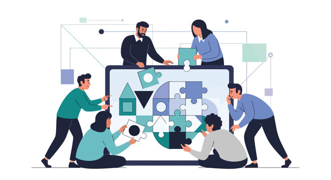 Team of diverse people collaborating on a puzzle in front of a laptop, symbolizing teamwork and problemsolving in a modern office environment.