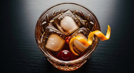 Classic Old Fashioned Cocktail With Orange Twist and Cherry Garnish