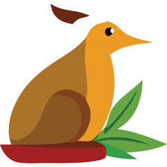 Stylized abstract illustration of a brown and orange bird with green leaves on a red oval base