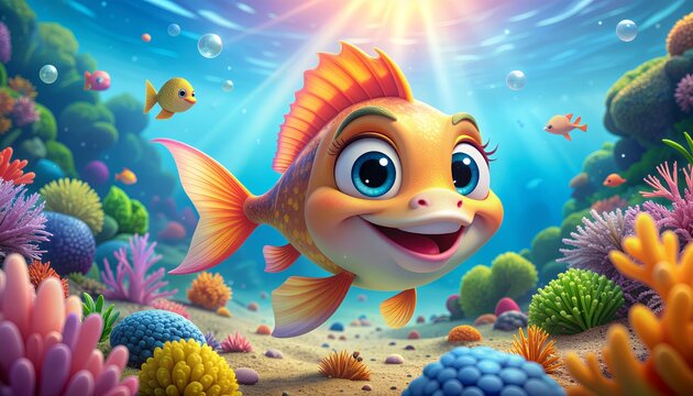 Adorable cartoon fish swimming happily in colorful coral reef, perfect for children's books and educational materials, full of joy and vibrant colors