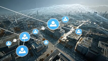 Aerial view of a digital cityscape with connected user icons symbolizing networking and technology - Powered by Adobe